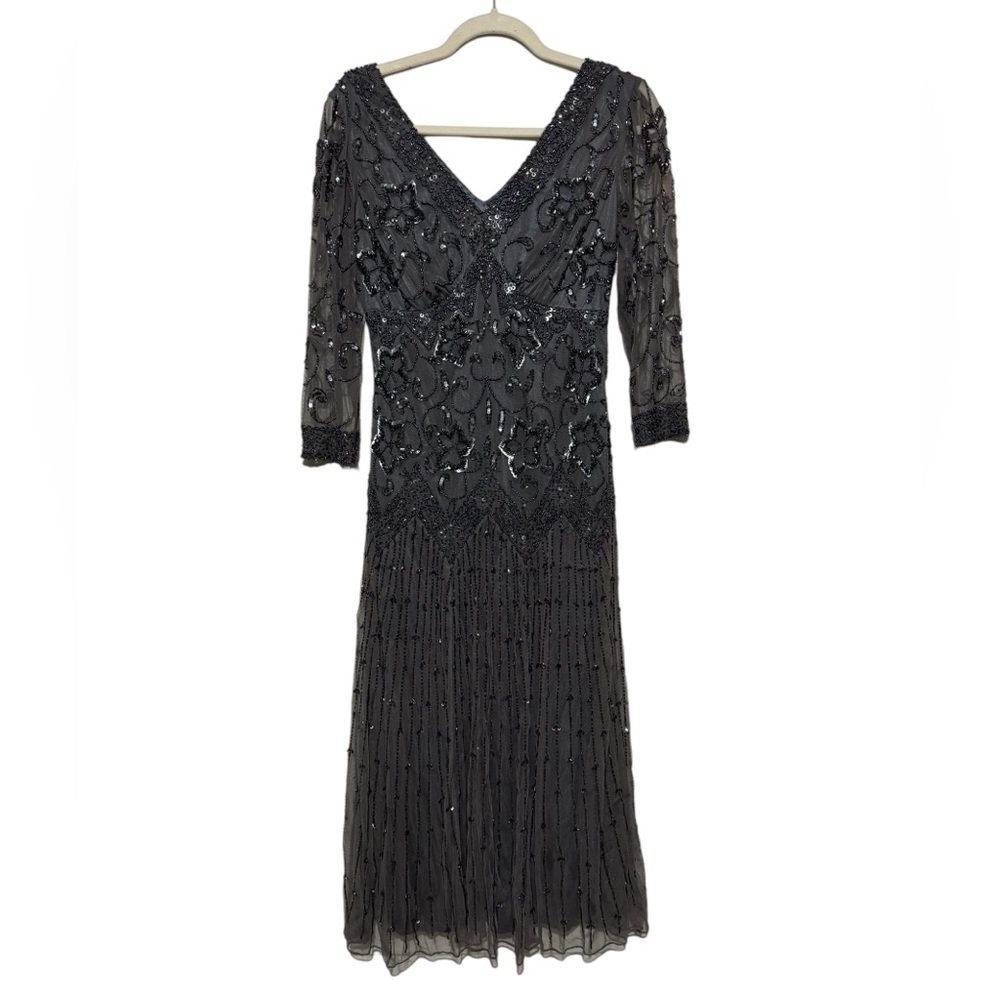 J KARA Gray Beaded Formal Mother of the Bride Groom Midi Dress Women’s Size 6